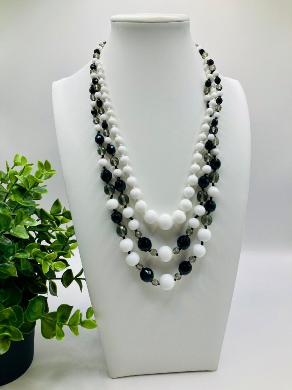 Vintage Miriam Haskell Black White Milk Glass Multi-Strand Beaded Necklace -34B